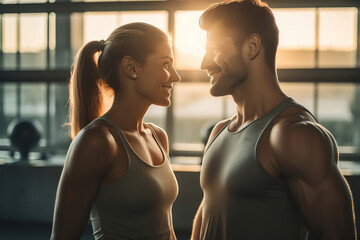 man and woman standing in the gym and looking at each other. - 734264791