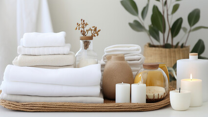 stack of towels and skin care products in the bathroom. copy space. - 734264792