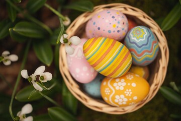 Colorful Easter Eggs in Basket on Spring Background