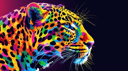  a close up of a colorful leopard with spots on it's face and the colors of the leopard's face appear to be multicolored.