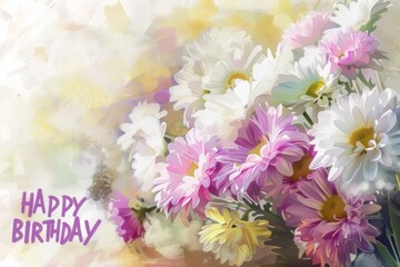 HAPPY BIRTHDAY pink and white flowers with the greeting Generative AI