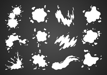 Obraz premium Paint blot icon set. Splashes set for design use. Colorful grunge shapes collection. Dirty stains and silhouettes. White ink splashes on dark background