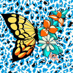 t-shirt design of a butterfly mixed with flowers. Seamless pattern of orange leopard print.