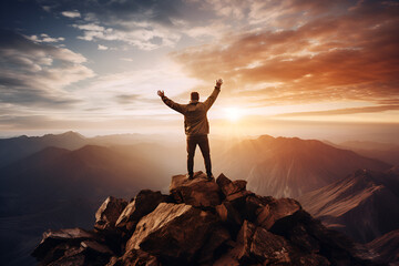 Man on the top of mountain spreading hands, celebrating success and achievements, sunrise time with copy space - obrazy, fototapety, plakaty
