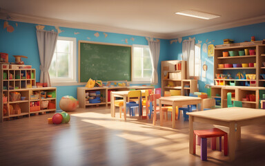 Kindergarten classroom interior with wooden furniture, educational material, wooden educational toys, defocused background