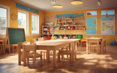 Fototapeta na wymiar Kindergarten classroom interior with wooden furniture, educational material, wooden educational toys, defocused background