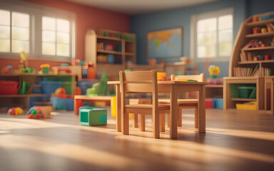 Kindergarten classroom interior with wooden furniture, educational material, wooden educational toys, defocused background