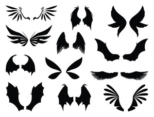 Cartoon wings of fairy creatures, fantasy characters and animals. Set of different wings pairs dragon, monster, butterfly, bird. Fantasy characters, cartoon vector illustration