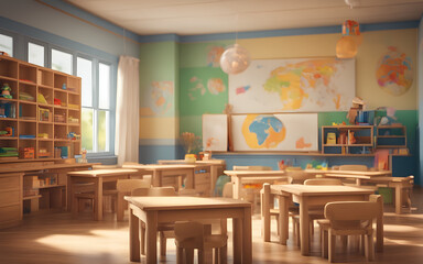 Kindergarten classroom interior with wooden furniture, educational material, wooden educational...