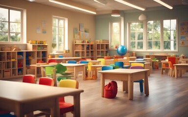 Kindergarten classroom interior with wooden furniture, educational material, wooden educational...