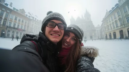 Foto op Canvas Young couple taking selfie in street with historic buildings in the city of Prague, Czech Republic in Europe. © Joyce