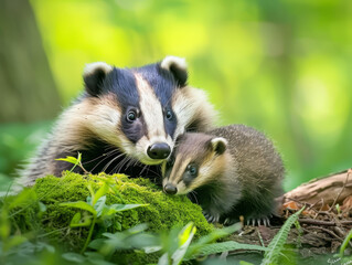 A mother badger with her young one in the grass, showing affection.