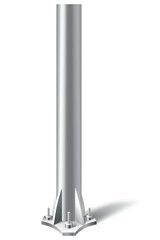 Metal pole pillar. Steel pipe bolted on flat base. Steel vertical cylinder footing for road sign, banner, billboard, isolated on white background. Vector illustration