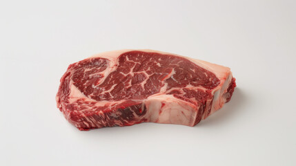 Fototapeta premium A close-up of a raw ribeye steak with marbling of fat, displayed on a white background.