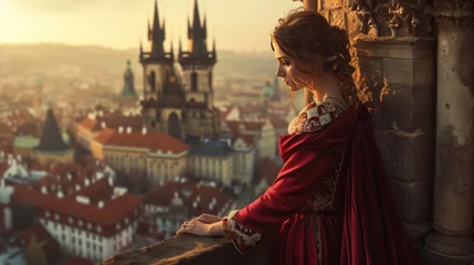 Gordijnen Portrait of Medieval woman in balcony with rooftop view of Prague city in Czech Republic in Europe. © Joyce