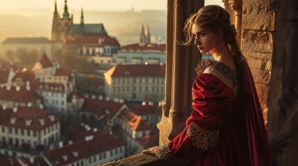 Portrait of Medieval woman in balcony with rooftop view of Prague city in Czech Republic in Europe.