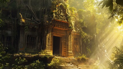 An ancient ruin on a misty mountain, with forgotten temples and overgrown paths. A mysterious fog envelops the scene, creating a sense of mystery and age. Resplendent. - obrazy, fototapety, plakaty