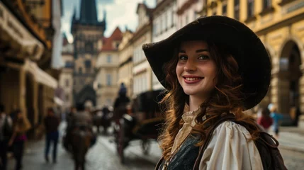 Tuinposter Lifestyle portrait of a beautiful Medieval lady in Prague city in Czech Republic in Europe. © Joyce