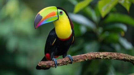  a colorful toucan sitting on top of a tree branch in front of a green leafy forest background.