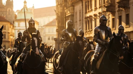 Foto op Plexiglas A team of medieval cavalry in armor on horseback marching in Prague city in Czech Republic in Europe. © Joyce