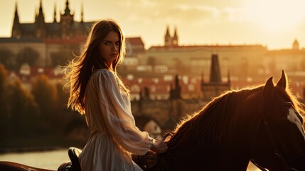 Lifestyle portrait of a beautiful Medieval lady on horseback in Prague city in Czech Republic in Europe.