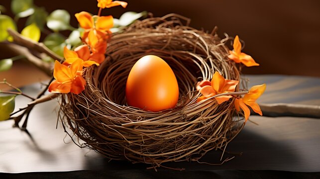 Add a lifelike image of a tangerine Easter egg nestled within a nest, with a high-definition burst of colors that creates a visually stunning and realistic scene.