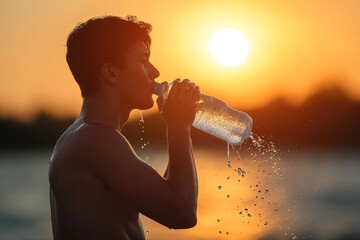 A photo of a fitness man reenergizing by drinking water from a bottle.