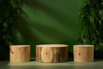 three Wooden round empty product podium stage with copy space, ecofriendly, dark green background