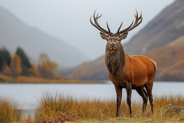Fotobehang A red deer stands majestically on top of a grass-covered field, overlooking the hills above Lochcarron.
