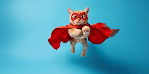A cute orange tabby kitty defying gravity as it soars through the air wearing a vibrant red cape. - obrazy, fototapety, plakaty