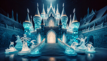Fairy-tale ice castle with bright sculptures and lighting, showcasing fantasy architecture with color correction for an enchanting, magical view. Generative AI. - obrazy, fototapety, plakaty