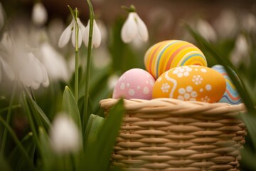 Colorful Easter Eggs in Basket on Spring Background