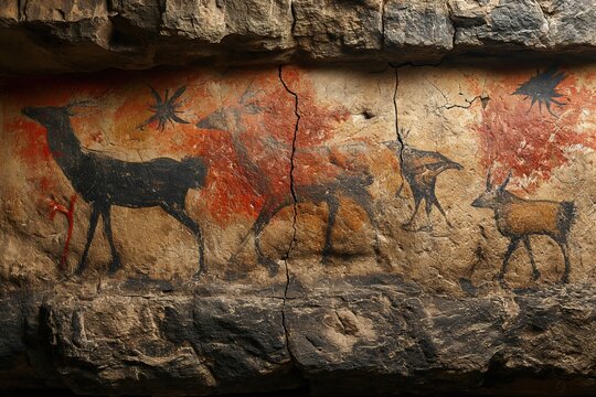 A painting on a rock in a prehistoric cave showcasing various animals depicted with exquisite detail and rich colors.