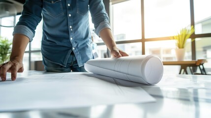 An architect reviews and unrolls a sheet of blueprints on top of a table.