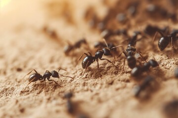 A group of ants can be seen walking in formation across a sandy ground.