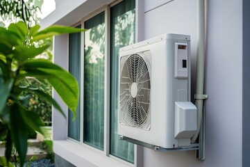 A white air conditioner, functioning as an air heat pump, is mounted on the side of a modern house on a hot summer day.