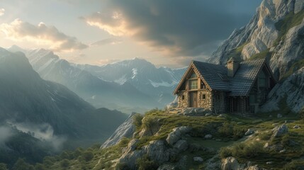  a house on top of a mountain with a view of a valley and mountains in the background with clouds in the sky.