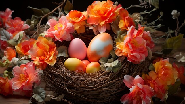 Add a lifelike image of a tangerine Easter egg nestled within a nest, with a high-definition burst of colors that creates a visually stunning and realistic scene.