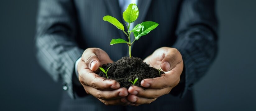Businessman holding growth plant with graph business investment planning concept. Generated AI image