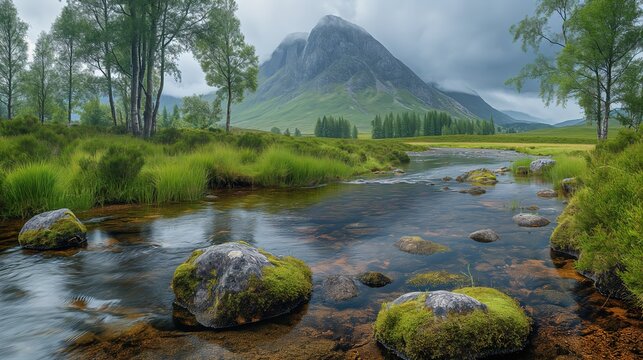 This photo showcases an iconic painting depicting a majestic mountain and a flowing river in Glencoe, Scotland.