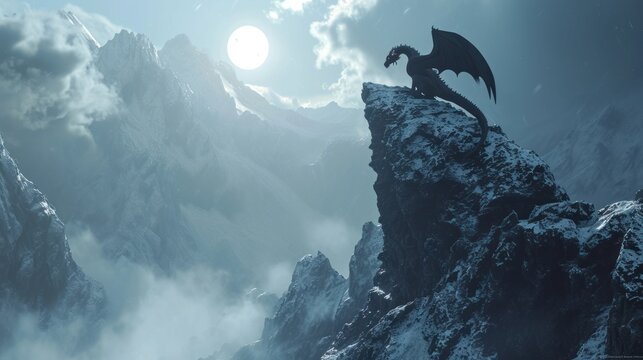 A dragon stand resting on top of a mountain with its wings folded with moonlight.