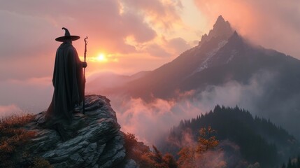 Misty mountain with a wizard on top at sunrise. Fantasy and adventure concept.