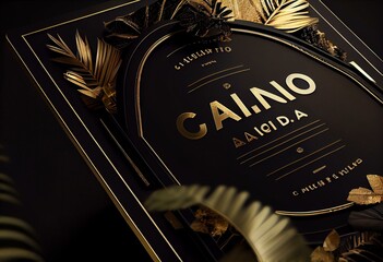 Poster for a casino in black and gold honor, a header for an online casino site. Betting, card games, cards, roulette, casino lettering. 3D render, 3D illustration. Generative AI