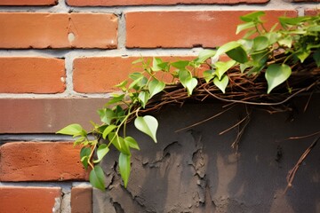 A resilient green plant emerges from weathered bricks, contrasting life and decay.