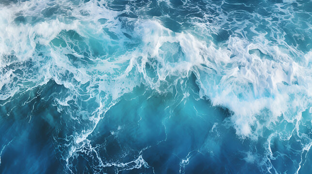 Spectacular aerial top view background photo of ocean sea water white wave splashing in the deep sea. Generated AI