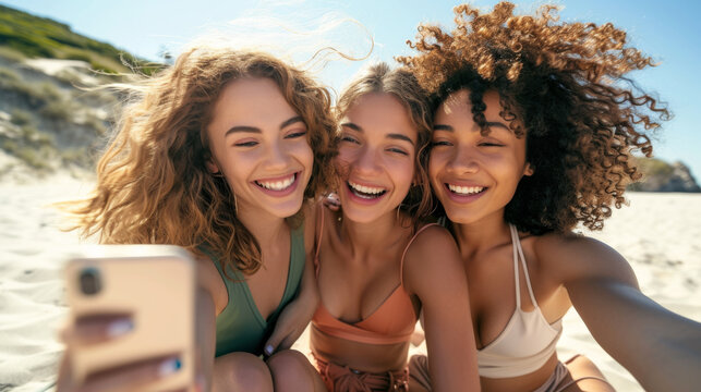 Three young women are taking a selfie on a sunny beach day.