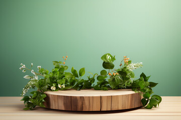 Wooden round empty product podium stage with copy space, light blue background, plant leaves set