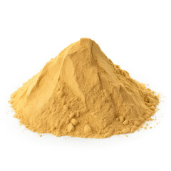 close up pile of finely dry organic fresh raw cassia powder isolated on white background. bright colored heaps of herbal, spice or seasoning recipes clipping path. selective focus