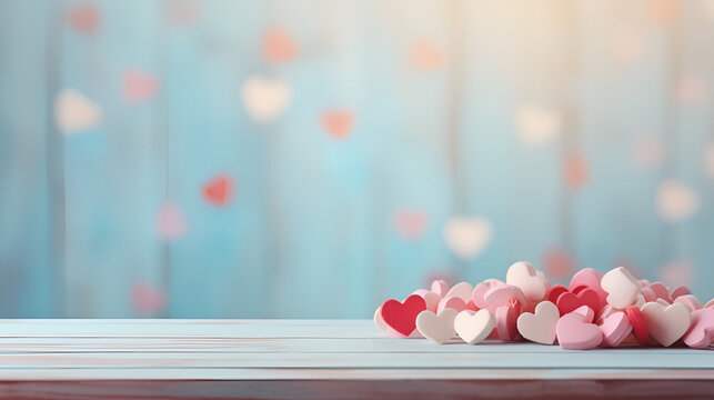 Valentines day themes background with empty pastel color wooden table for product display, copy space, hearts, and bokeh lights in the wood background. Generated AI