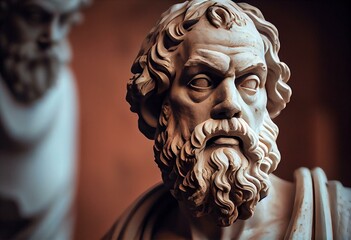 Socrates, the Greek philosopher, sited with a thoughtful expression, a marble statue. Cultural travel in Greece. Generative AI - obrazy, fototapety, plakaty